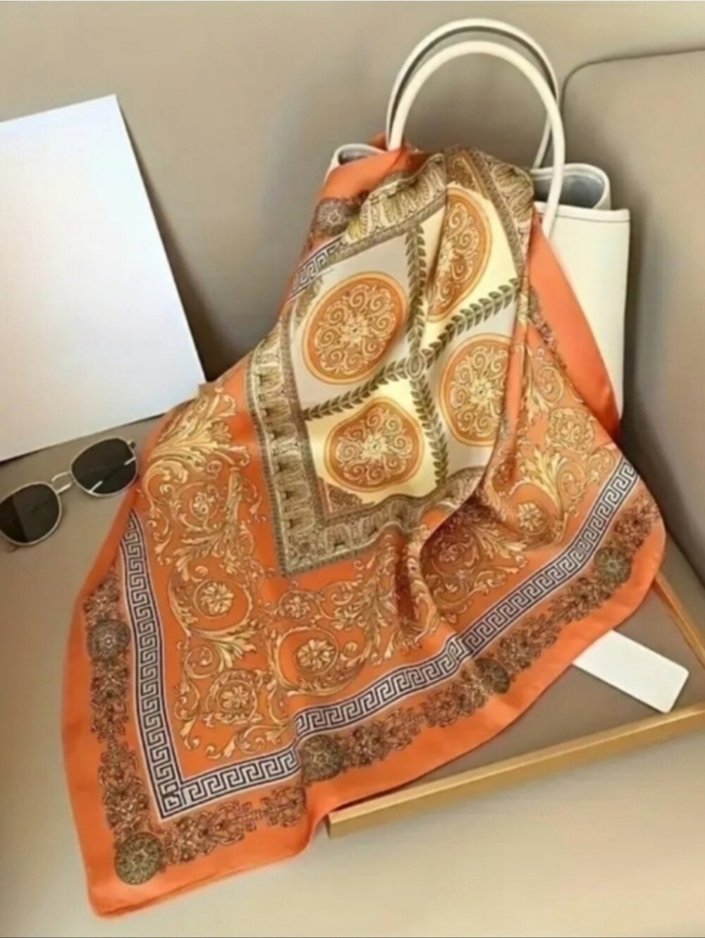 Silk-feel Orange Patterned  Scarf - Women's Accessory